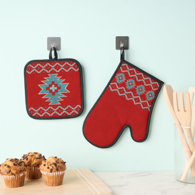 Southwest Mesas Red and Turquoise Geometric Design Oven Mitt & Pot Holder Set (Insitu(Hanging))