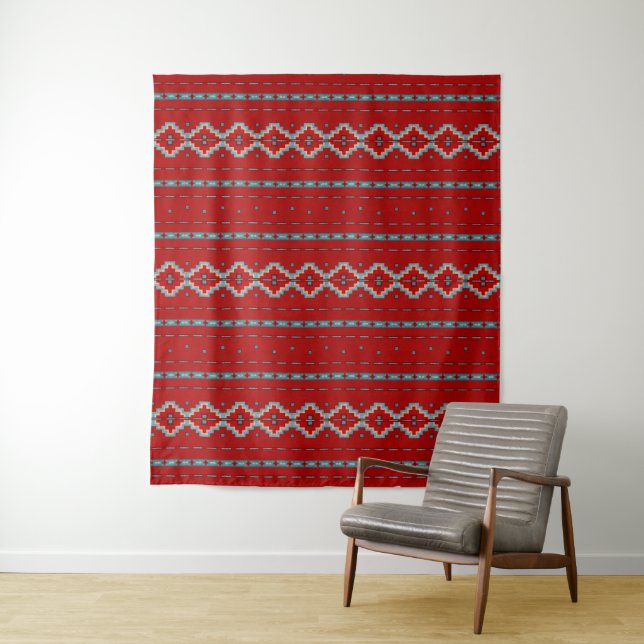 Southwest Mesas Red and Turquoise Geometric Design Tapestry (In Situ)