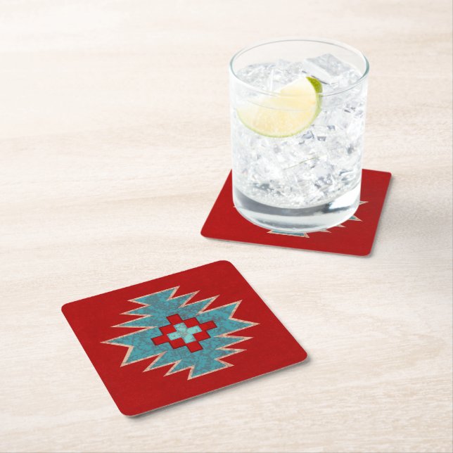 Southwest Mesas Red and Turquoise Square Paper Coaster (Insitu)
