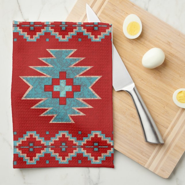 Southwest Mesas Red and Turquoise Tea Towel (Quarter Fold)