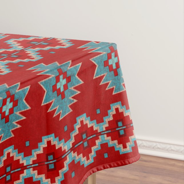 Southwest Mesas Red & Turquoise Geometric Medium Tablecloth (In Situ)