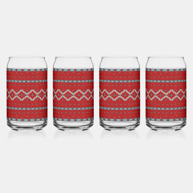 Southwest Mesas Red & Turquoise Geometric Pattern Can Glass (Front)