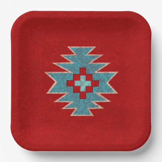 Southwest Mesas Red & Turquoise Geometric Pattern Paper Plate (Front)