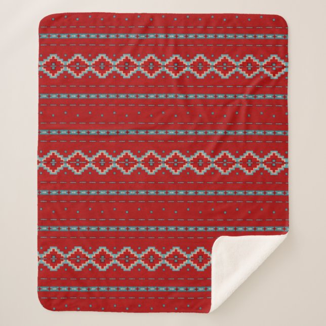 Southwest Mesas Red & Turquoise Medium Sherpa Blanket (Front)