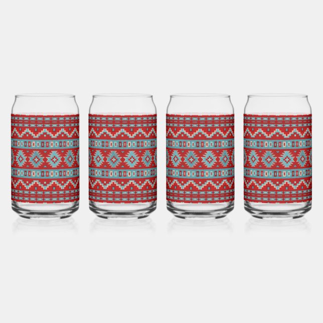 Southwest Mesas Turquoise & Red Geometric Pattern Can Glass (Front)