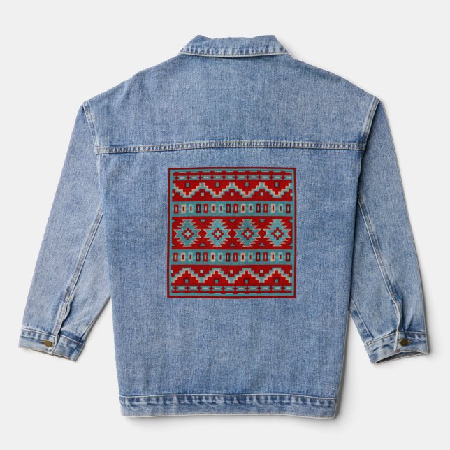 Southwest Mesas Turquoise & Red Geometric Pattern Denim Jacket (Back)