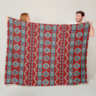 Southwest Mesas Turquoise & Red Geometric Pattern Fleece Blanket