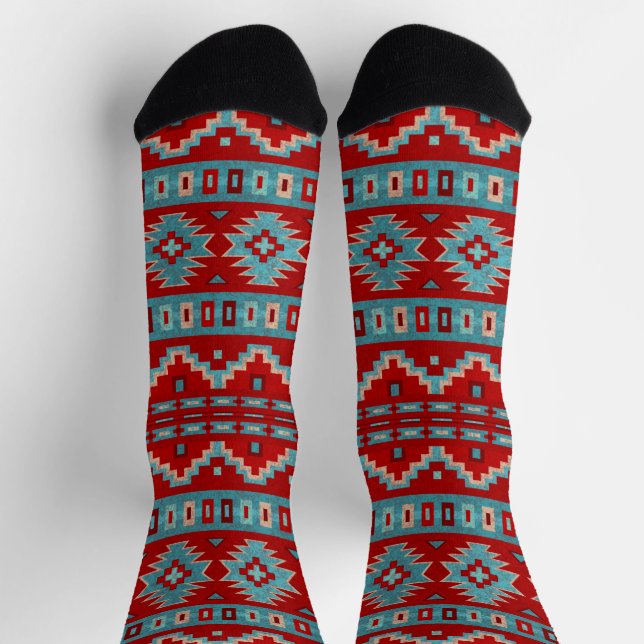 Southwest Mesas Turquoise & Red Geometric Pattern Socks (Top)
