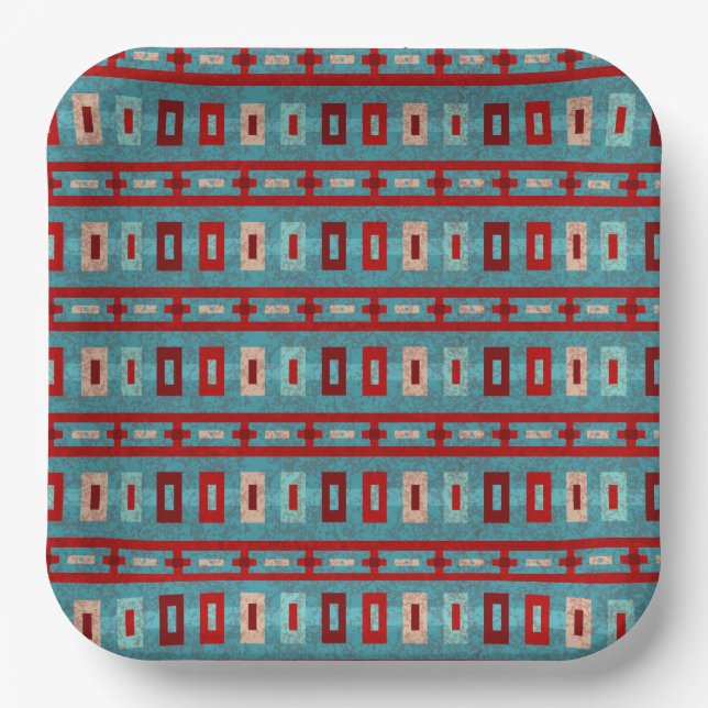 Southwest Mesas Turquoise & Red Retro Vibe Pattern Paper Plate (Front)