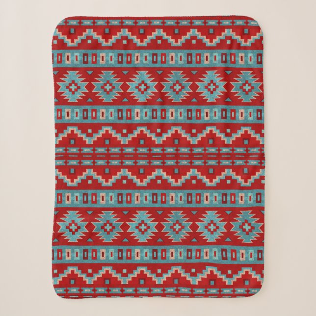 Southwest Mesas Turquoise & Red Small Sherpa Blanket (Front)