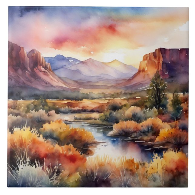Southwest Mountain Desert Evening Watercolor Tile (Front)