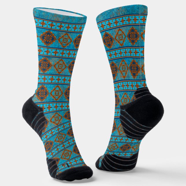Southwest Mountain Peak Turquoise Geometric Stripe Socks (Angled)
