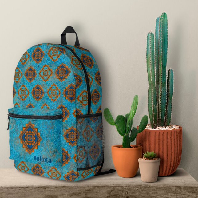Southwest Mountain Peaks Personalised Turquoise  Printed Backpack (Southwest Geometric Mountain Peaks design backpack for your adventures in the desert - or anywhere!)