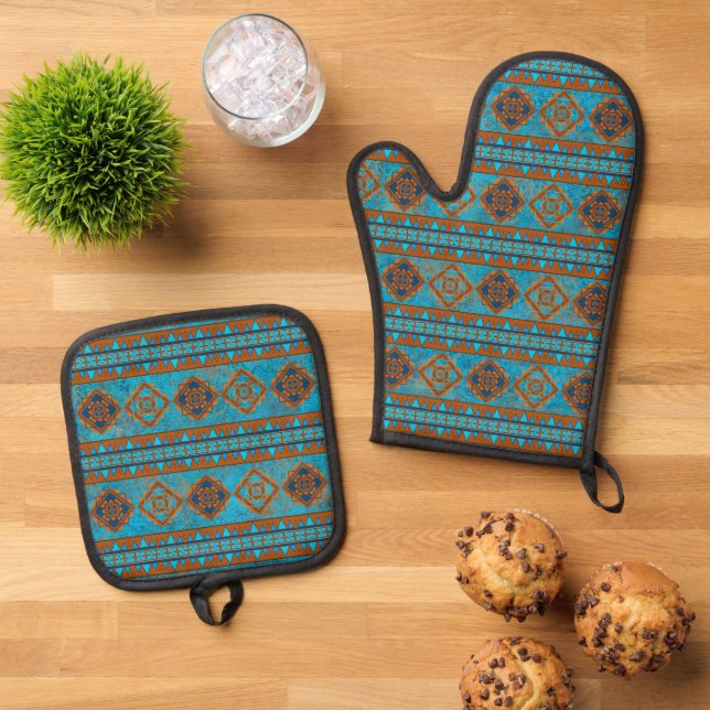 Southwest Mountain Peaks Turquoise Geometric  Oven Mitt & Pot Holder Set (Top Down)