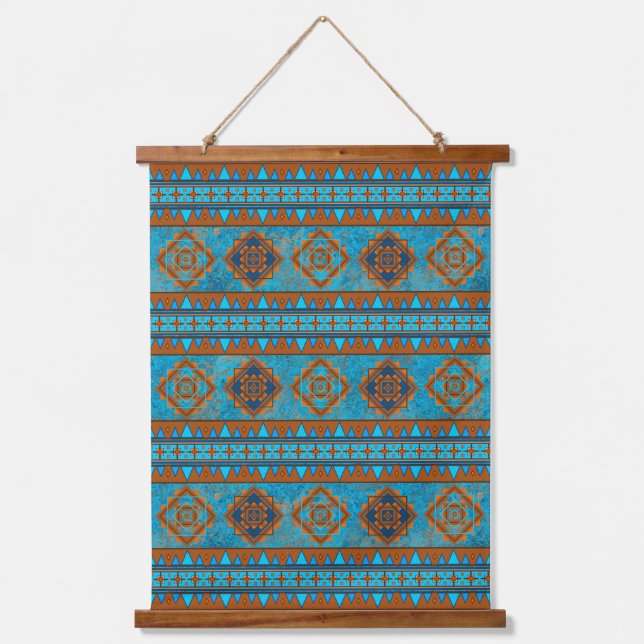 Southwest Mountain Peaks Turquoise Geometric Print Hanging Tapestry (Front)