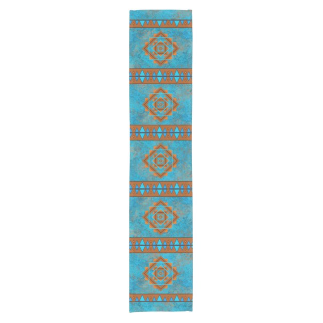 Southwest Mountain Peaks Turquoise Geometric Short Table Runner (Front)