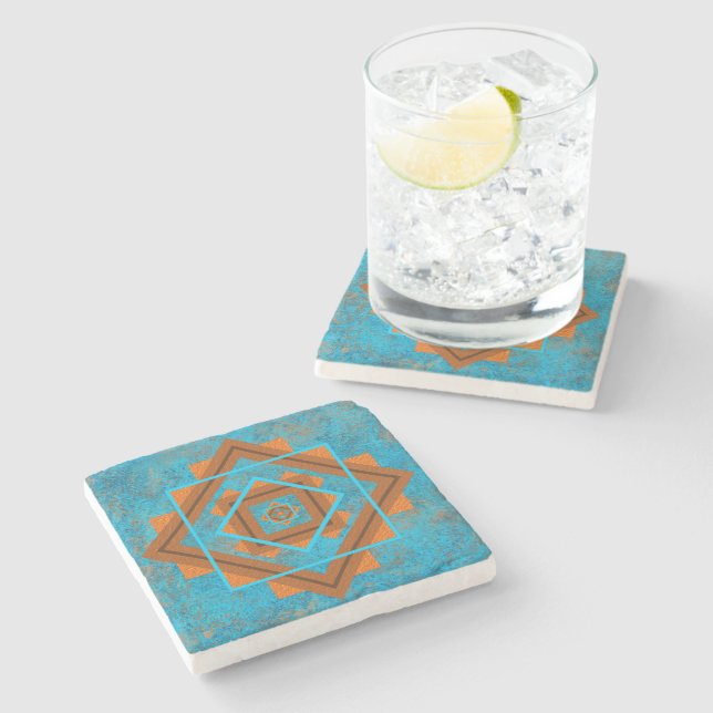 Southwest Mountain Peaks Turquoise Geometric Stone Coaster (Side)