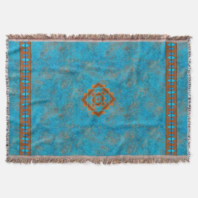 Southwest Mountain Peaks Turquoise Geometric Throw Blanket (Front)