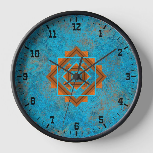 Southwest Mountain Peaks Turquoise Old West Framed Clock (Front)