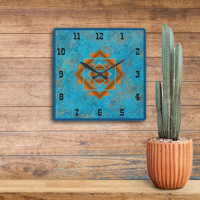 Southwest Mountain Peaks Turquoise Western Style S Square Wall Clock (Creator Uploaded)