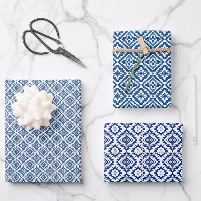 Southwest Navajo Blue-White Ethnic Geometric Wrapping Paper Sheet (Front)