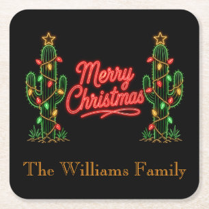 Southwest Neon Christmas Table Decor Square Paper Coaster