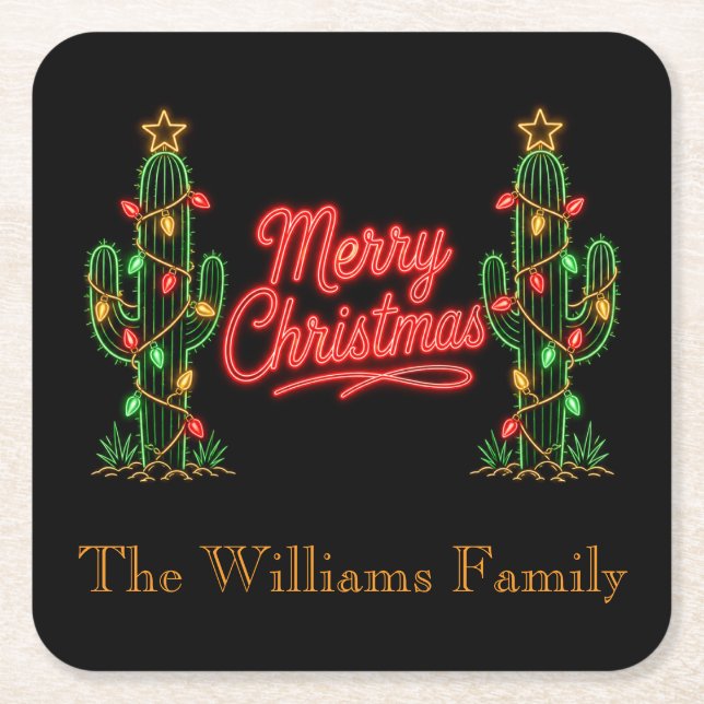 Southwest Neon Christmas Table Decor Square Paper Coaster (Front)