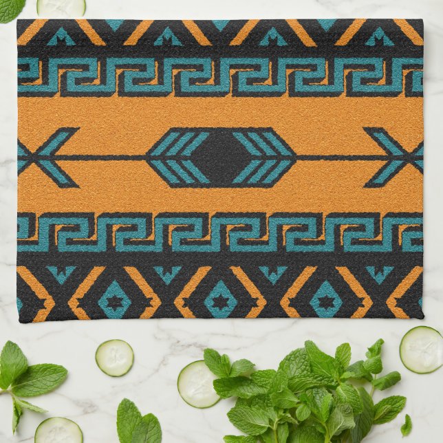 Southwest Orange And Turquoise Aztec Pattern Tea Towel (Folded)