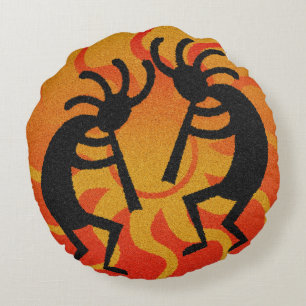 Southwest Orange Tribal Desert Sun Kokopelli Round Cushion
