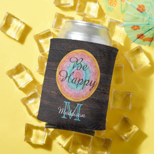 Southwest Pastel Rustic Wood Tone Grain Monogram Can Cooler