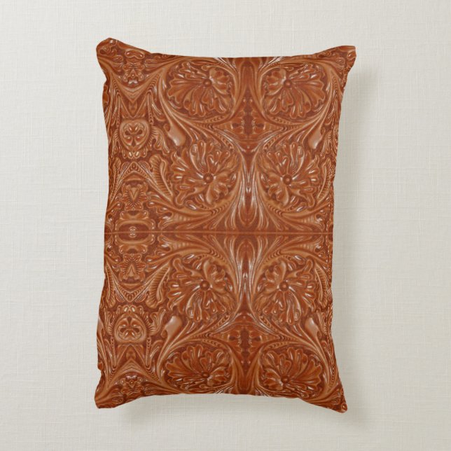 southwest pattern western country tooled leather decorative cushion (Back(Vertical))