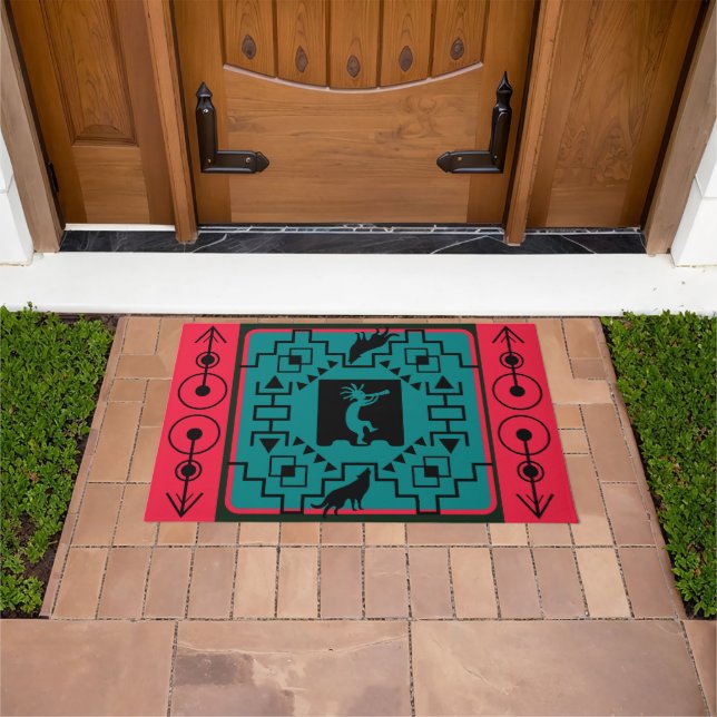 Southwest Pattern Wolf and Kokopelli  Doormat (Outdoor)