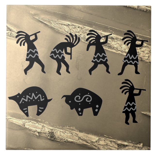 Southwest Petroglyh Sepia Kokopelli  Tile (Front)