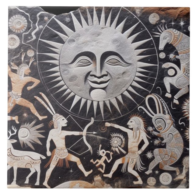 Southwest Petroglyph Design Animals Moon Dancing  Tile (Front)