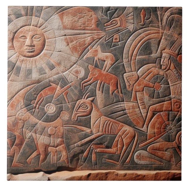 Southwest Petroglyph Design Animals Moon Dancing  Tile (Front)