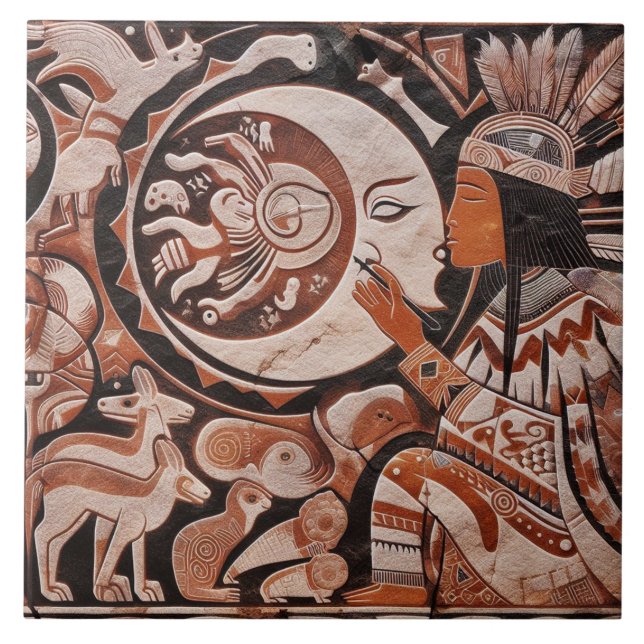 Southwest Petroglyph Design Animals Moon Dancing  Tile (Front)