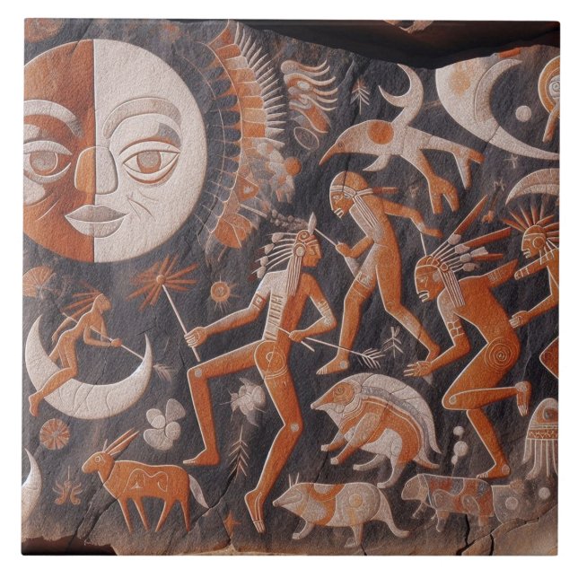 Southwest Petroglyph Design Animals Moon Dancing  Tile (Front)