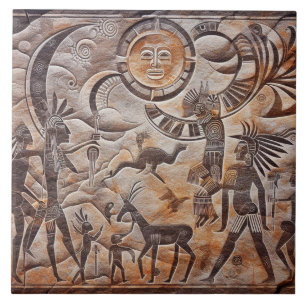 Southwest Petroglyph Design with Sun and Moon Tile