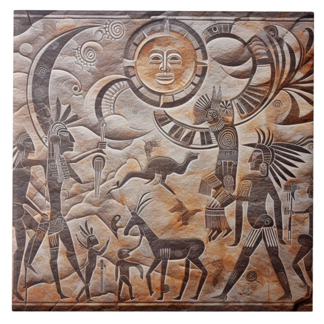 Southwest Petroglyph Design with Sun and Moon Tile (Front)