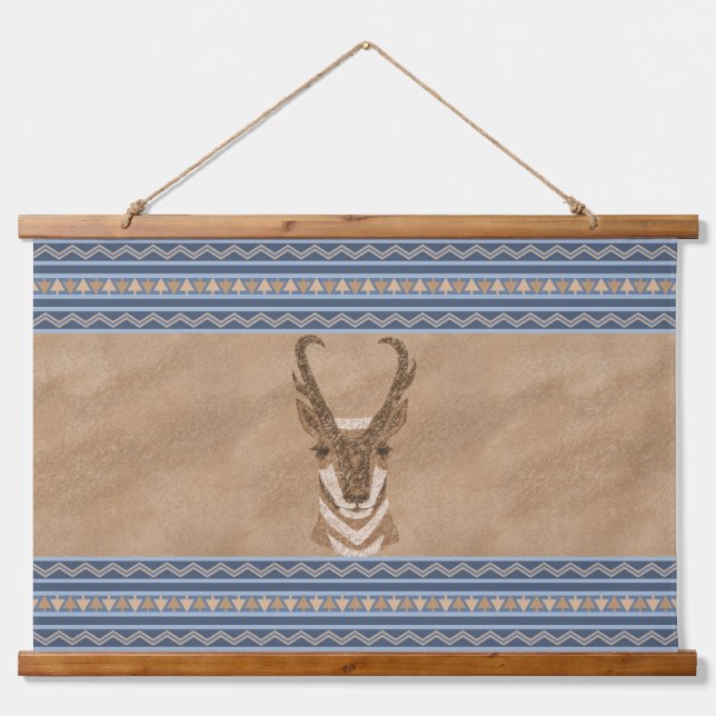 Southwest Pronghorn Antelope Head Blue Borders Hanging Tapestry (Front)