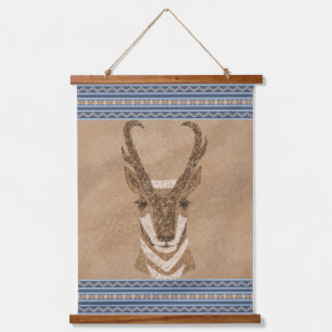 Southwest Pronghorn Antelope Head Blue Borders Hanging Tapestry