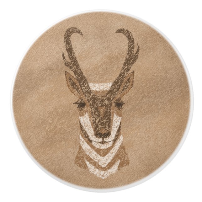 Southwest Pronghorn Antelope Head Petroglyph  Ceramic Knob (Front)