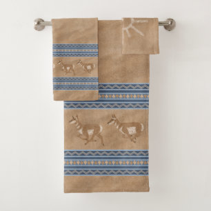 Southwest Pronghorn Antelopes Sun Icon Blue Border Bath Towel Set