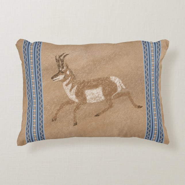 Southwest Pronghorn Running Antelope Blue Border Decorative Cushion (Front)