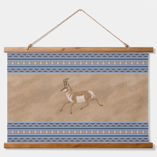 Southwest Pronghorn Running Antelope Blue Border Hanging Tapestry (Front)