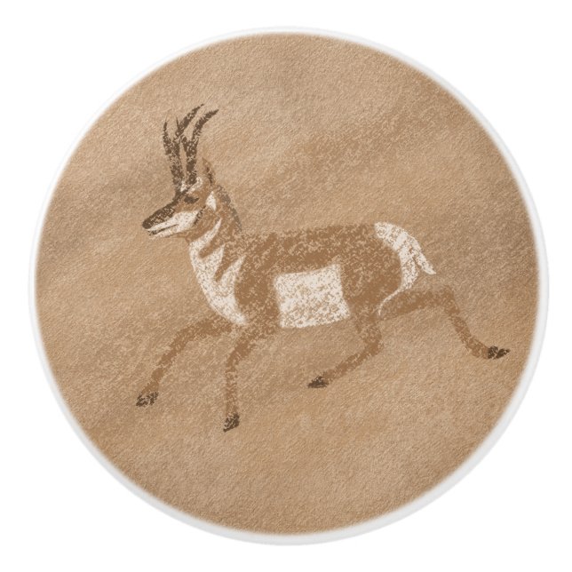 Southwest Pronghorn Running Antelope Petroglyph  Ceramic Knob (Front)