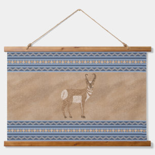 Southwest Pronghorn Standing Antelope Blue Borders Hanging Tapestry