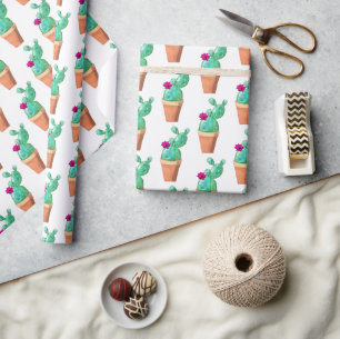 Southwest Red Flowering Potted Cactus Pattern Wrapping Paper