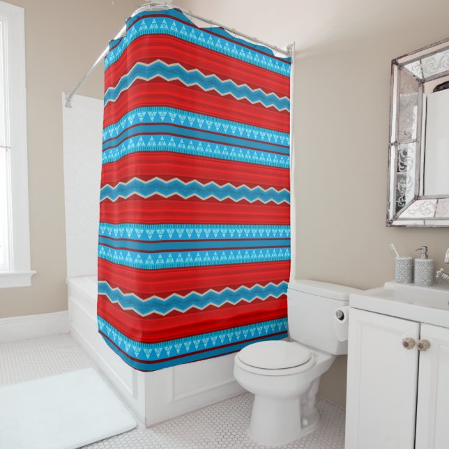 Southwest River Canyon Geometric Red and Turquoise Shower Curtain (In Situ)