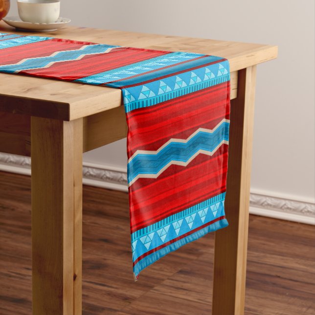 Southwest River Canyon Geometric Red Turquoise Long Table Runner (In Situ)
